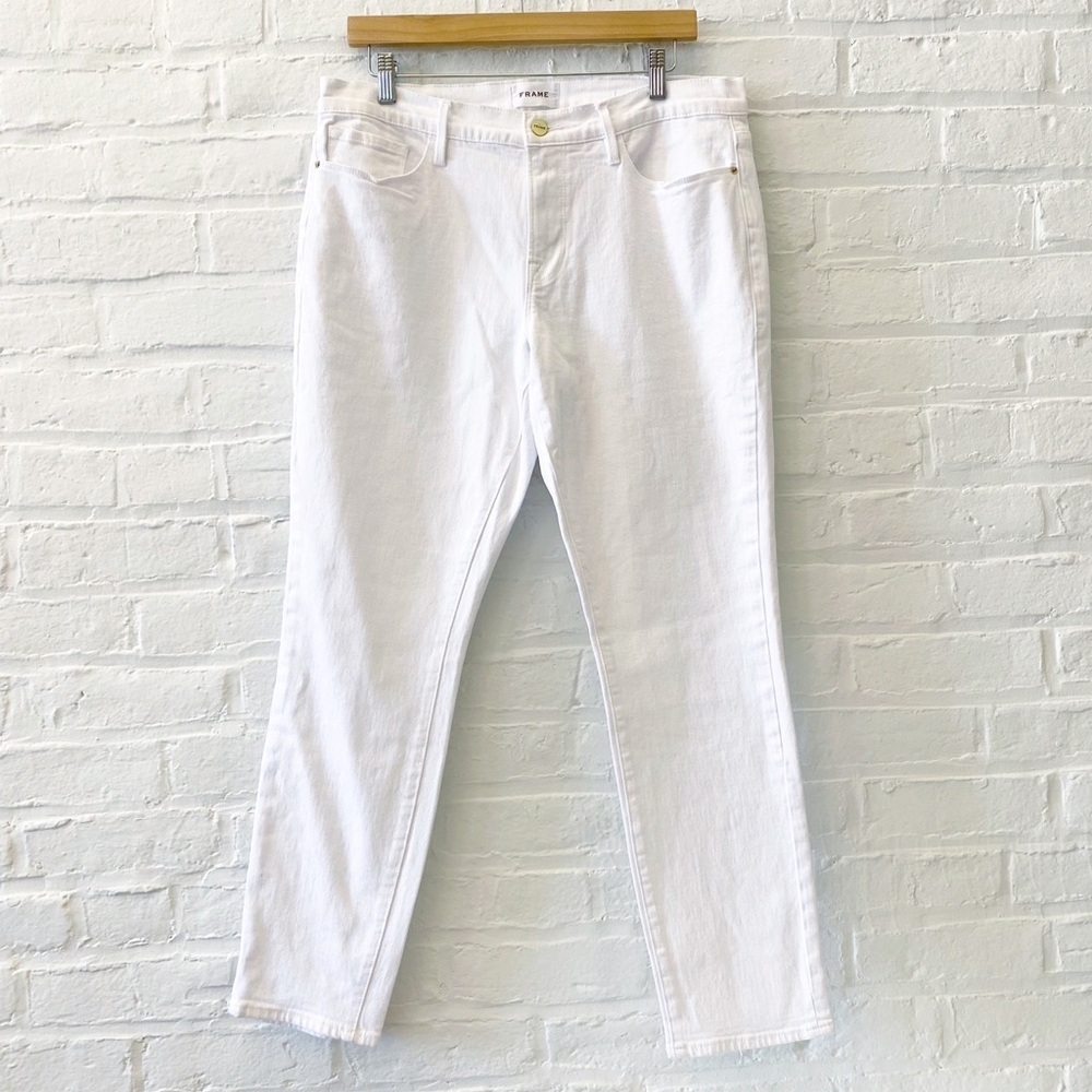 FRAME Denim || Le Garcon Mid‎ Rise Straight Boyfriend Jeans Blanc White 30